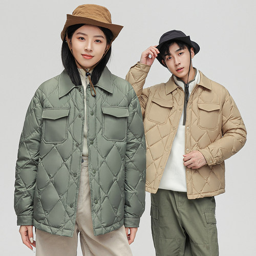 冬季羽绒服男女情侣短款菱形格衬衫领夹克加厚保暖外套YR2310P160