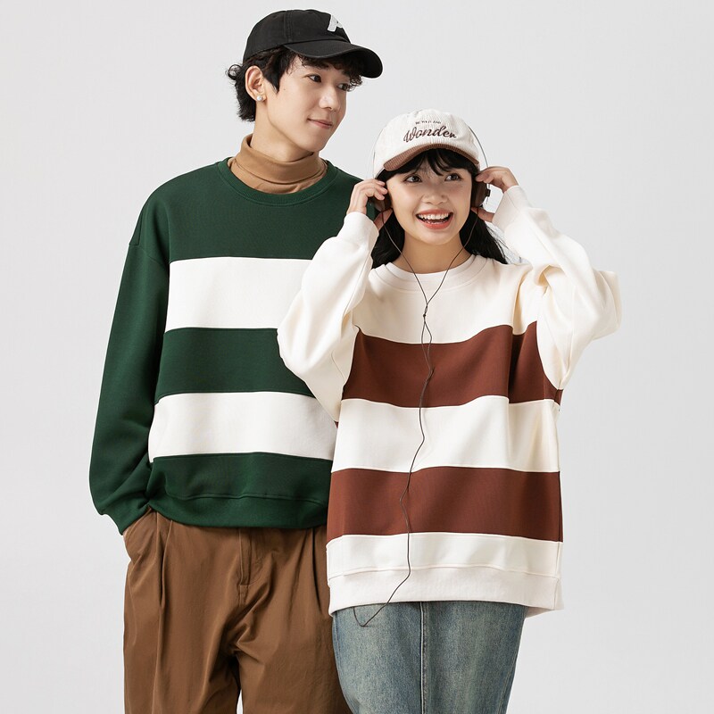 男女春秋新款宽松服条纹可二开情侣港风圆领纯棉卫衣WY2399P48,男装卫衣,星座1410（原1902A）