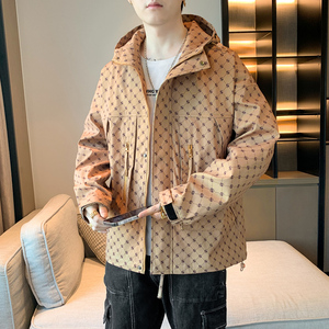 迷彩格子外套男春秋款连帽印花青少年女装冲锋衣大码夹克J76P90图片