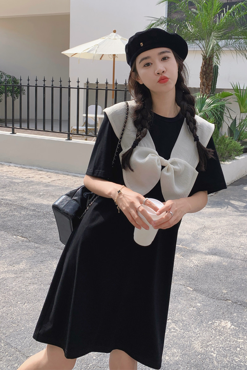 韩版学院风蝴蝶结连衣裙2025夏季休闲宽松小个子T恤裙短款显瘦,女装连衣裙,浙宝169A(原263)