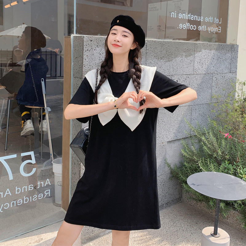韩版学院风蝴蝶结连衣裙2025夏季休闲宽松小个子T恤裙短款显瘦图片
