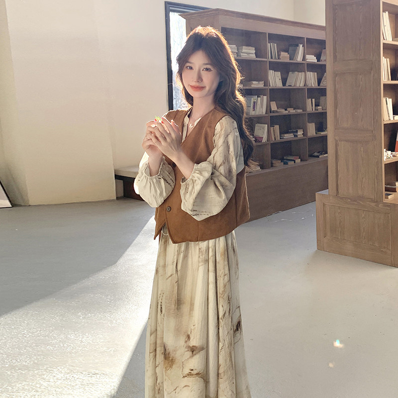 复古马甲碎花连衣裙女2025春秋新款高级感法式茶歇长裙,女装连衣裙,浙宝169A(原263)