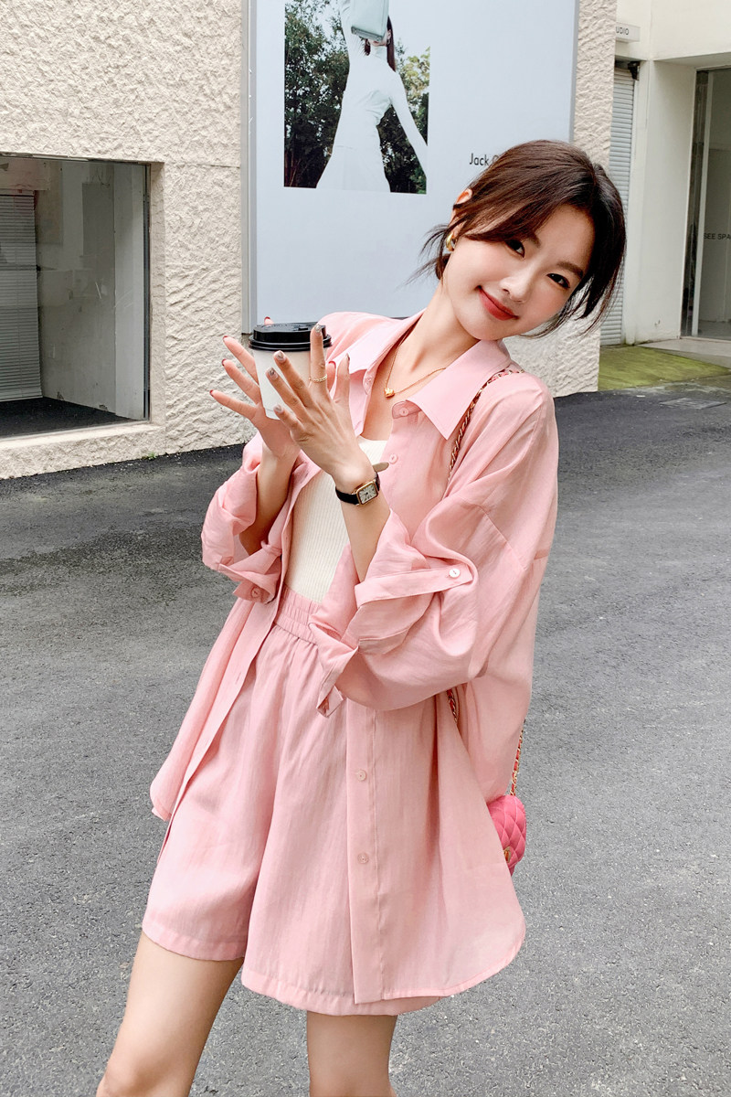 粉色防晒衣套装女2025年夏季新款时尚休闲防晒衬衫阔腿短裤两件套,女装套装/套裙,浙宝169A(原263)