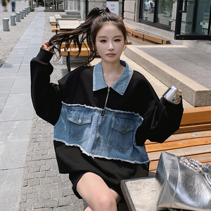 【新品】169-Q04-P120牛仔拼接宽松卫衣-控178图片