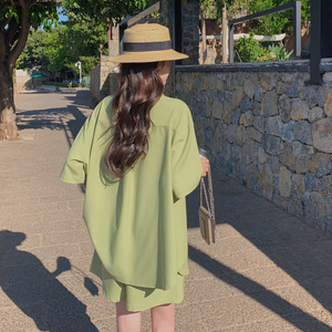 绿色休闲外套阔腿裤减龄套装女夏2025新款薄款宽松上衣短裤两件套图片
