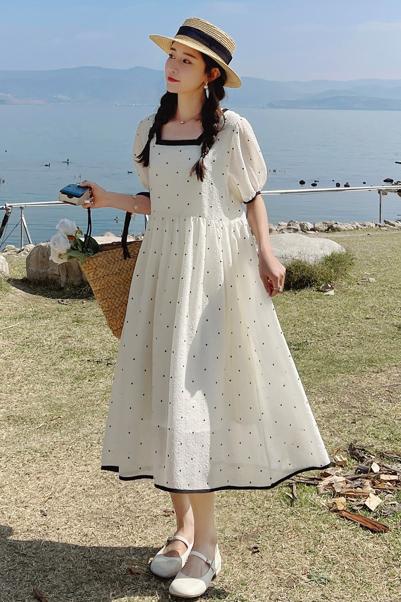 法式方领波点连衣裙女2025夏季新款温柔风高腰显瘦气质清纯初恋裙,女装连衣裙,浙宝169A(原263)