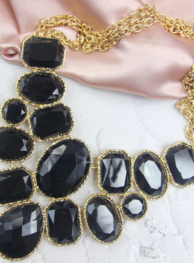 欧美夸张黑色方块扇形可调节项链