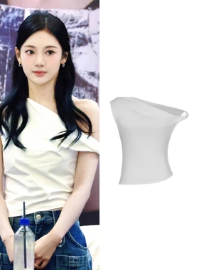 宁艺卓同款韩国白色一字斜肩扭结设计性感辣妹不规则无袖T恤上衣