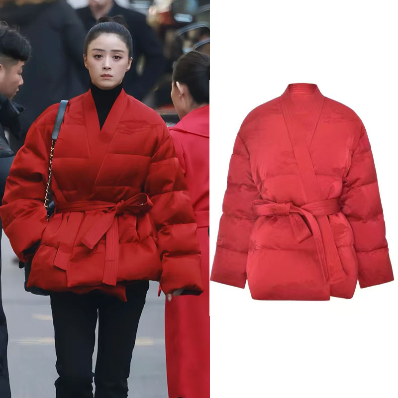 春晚蒋欣同款中国红新中式国风提花短款新年战袍白鸭绒羽绒服外套