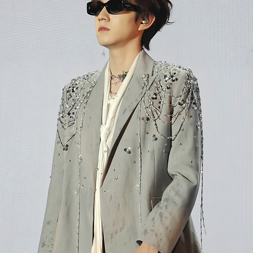 赵一博同款灰色链条痞帅男士西装