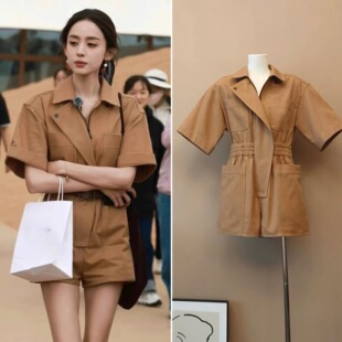 新款 古力娜扎同款 女夏季 连体衣港风复古阔腿短裤 棉质连身 甜酷工装