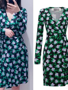 针织桑蚕丝短款 DVF 黑绿栀子花朵V领长袖 裹身裙 连衣裙 25秋冬新款