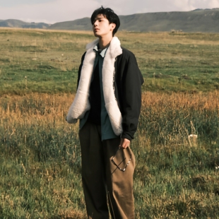 王安宇同款羊羔毛棉服外套男秋冬季加厚保暖黑色美式休闲拉链夹克