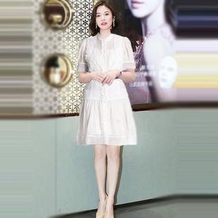 宋慧乔明星同款白色裙子气质夏季新款优雅时尚短袖修身连衣裙日系