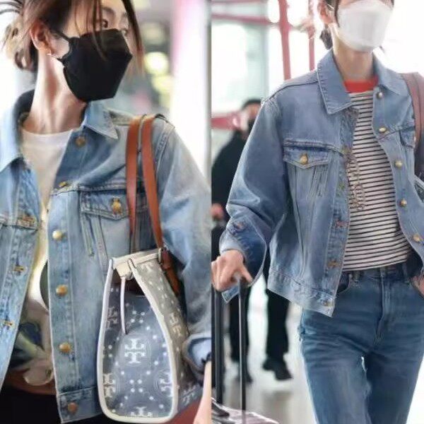 明星刘雯同款牛仔外套女2025新款浅蓝色复古宽松街拍短款夹克