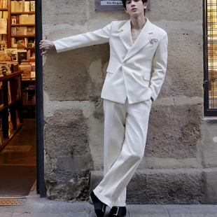 痞帅垫肩修身 尚品张凌赫同款 春秋百搭休闲韩版 外套男士 西 白色西装