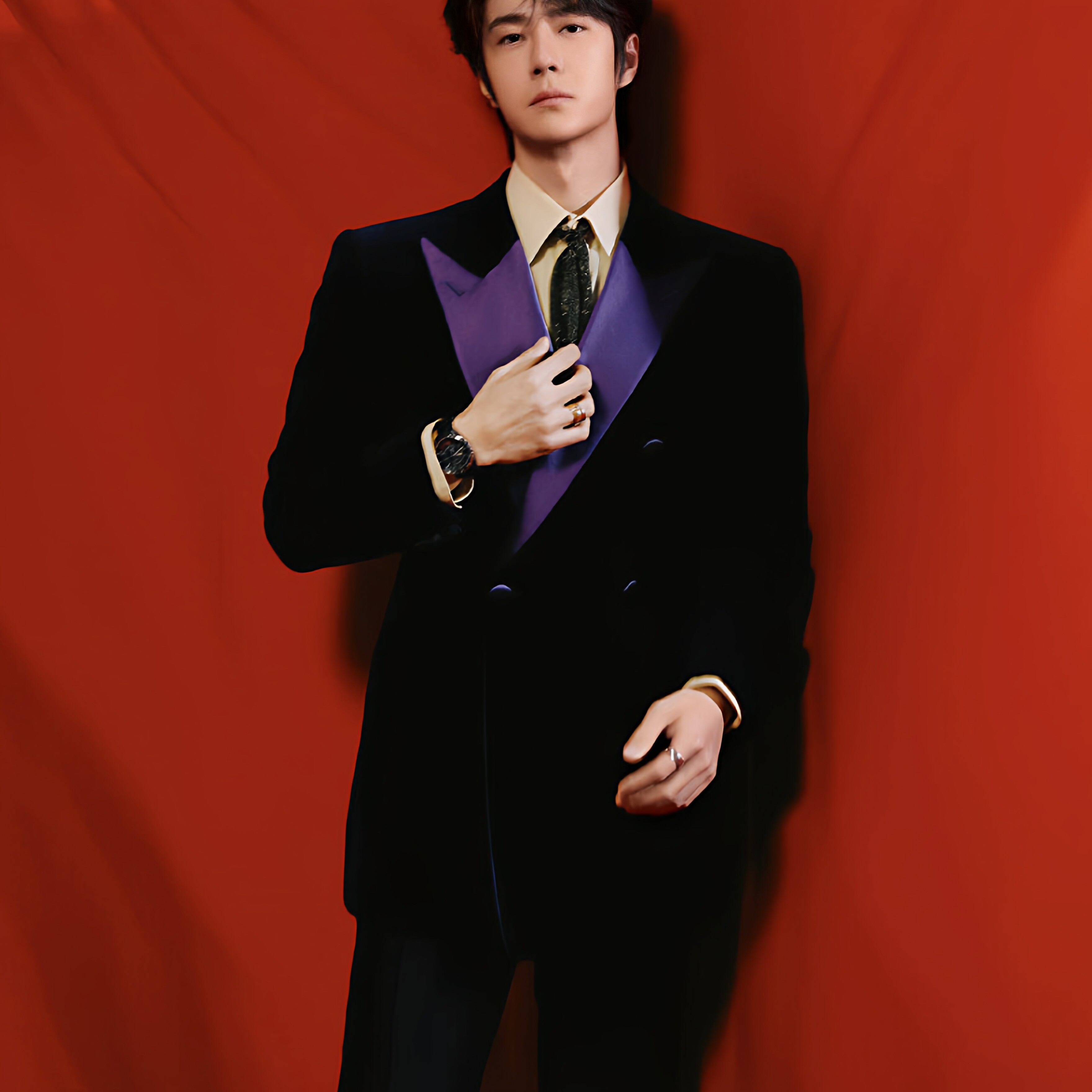 时尚晚宴风双排扣西装男深蓝色修身高级感婚礼西服套装