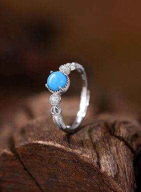 跨境热销人造绿松石戒指睡美人儿戒指白铜镀925银镶嵌直播供应链