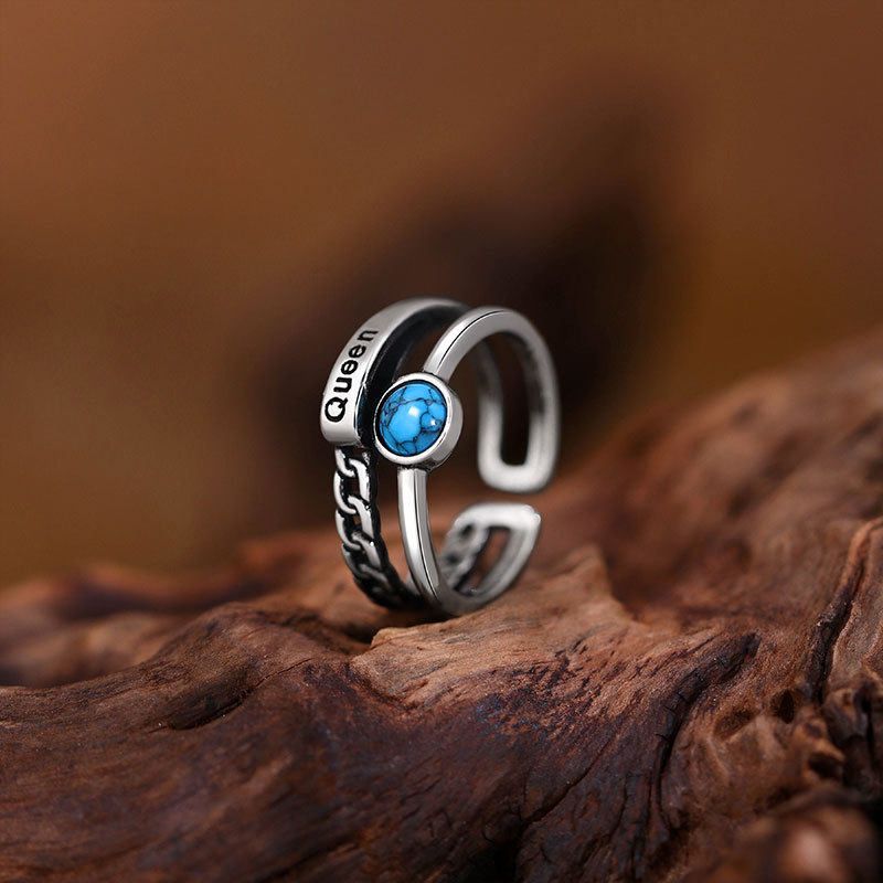 Temu热销镀银潮流朋克戒指泰银复古人造蓝松石戒指男女指环手饰