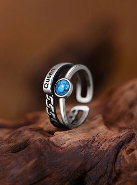 Temu热销镀银潮流朋克戒指泰银复古人造蓝松石戒指男女指环手饰