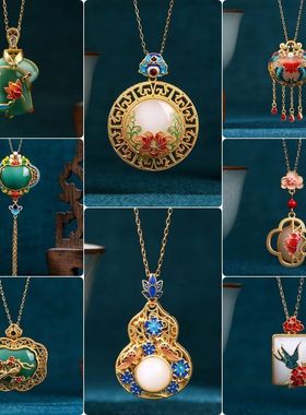 新中式国风珐琅彩仿玉石项链夏季女高级感网红直播爆款饰品批发