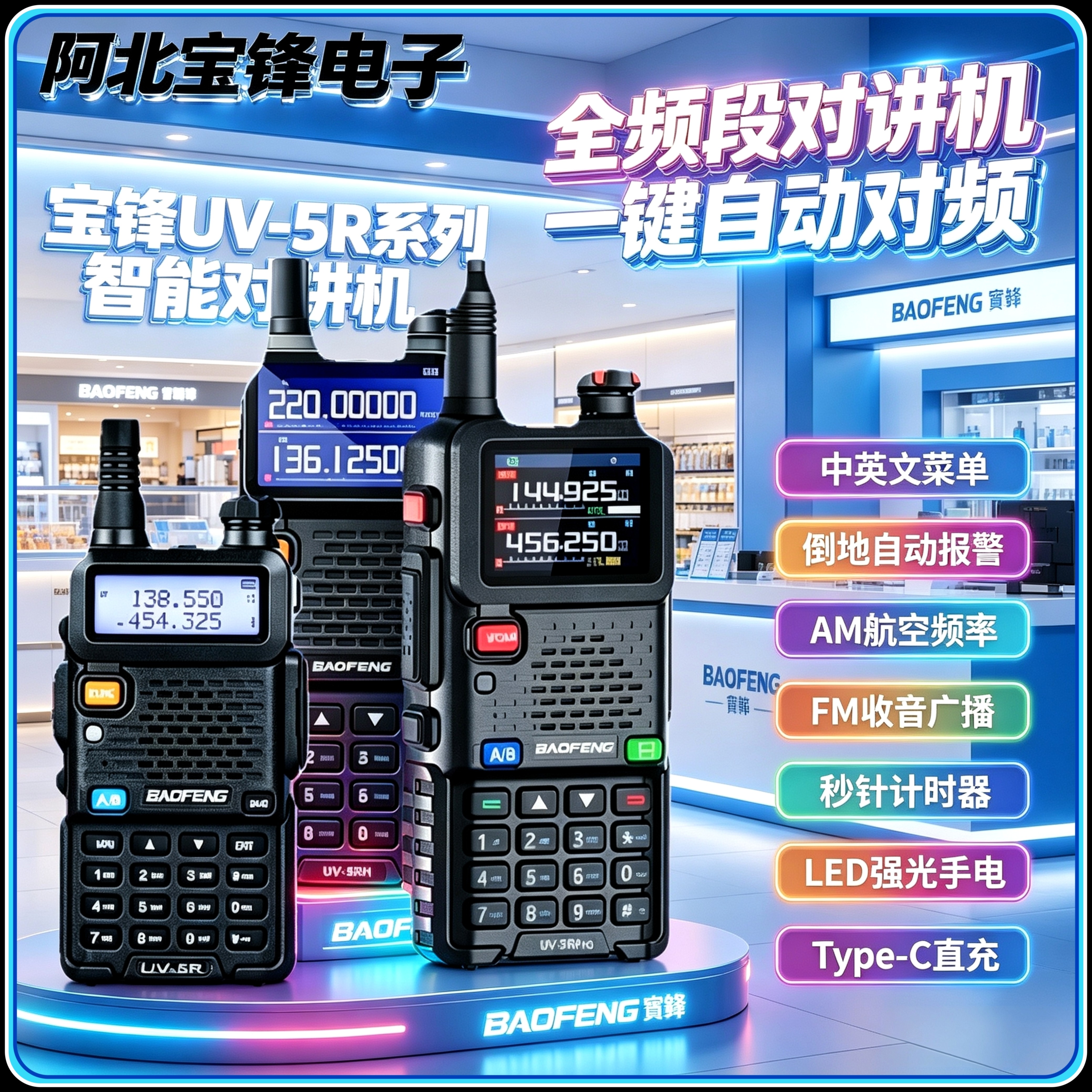 宝锋UV-5RH对讲机一键对频可调频航空频段大功率户外自驾宝峰手台
