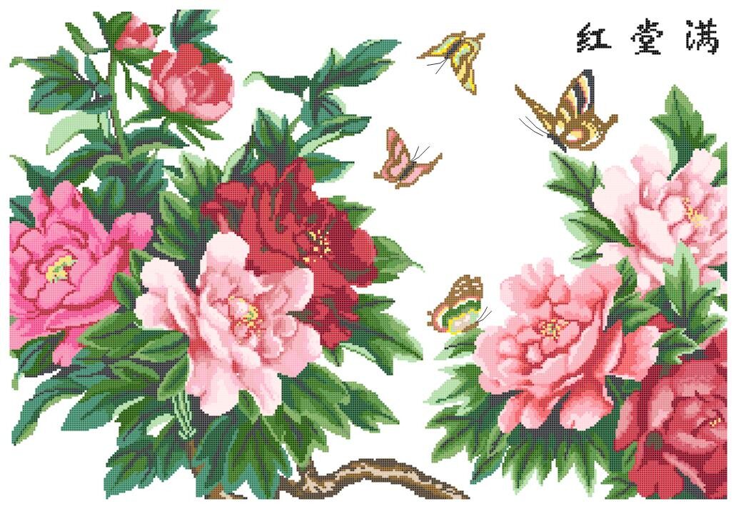 十字绣电子图纸476 满堂红 牡丹蝴蝶335w*229h36色 pat源文件