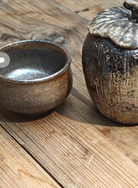 柴烧茶叶罐 茶器 手工捏制南瓜器型 火痕火彩孤品 茶席焦点收藏级