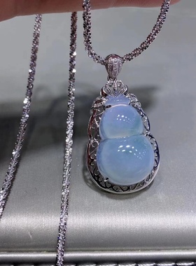 一图一物18k金钻石镶嵌天然A货翡翠冰种飘花葫芦吊坠女款福禄双全