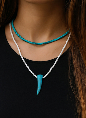 波西米亚风绿松石牛角手工串珠米珠项链女双层叠戴锁骨链个性小众