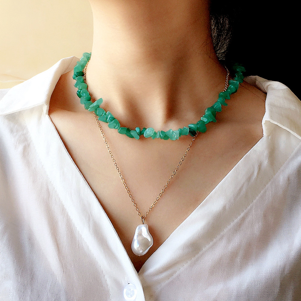 Bohemian necklace crushed stone crystal jade colored clavicle chain natural stone sweater chain necklace niche accessory