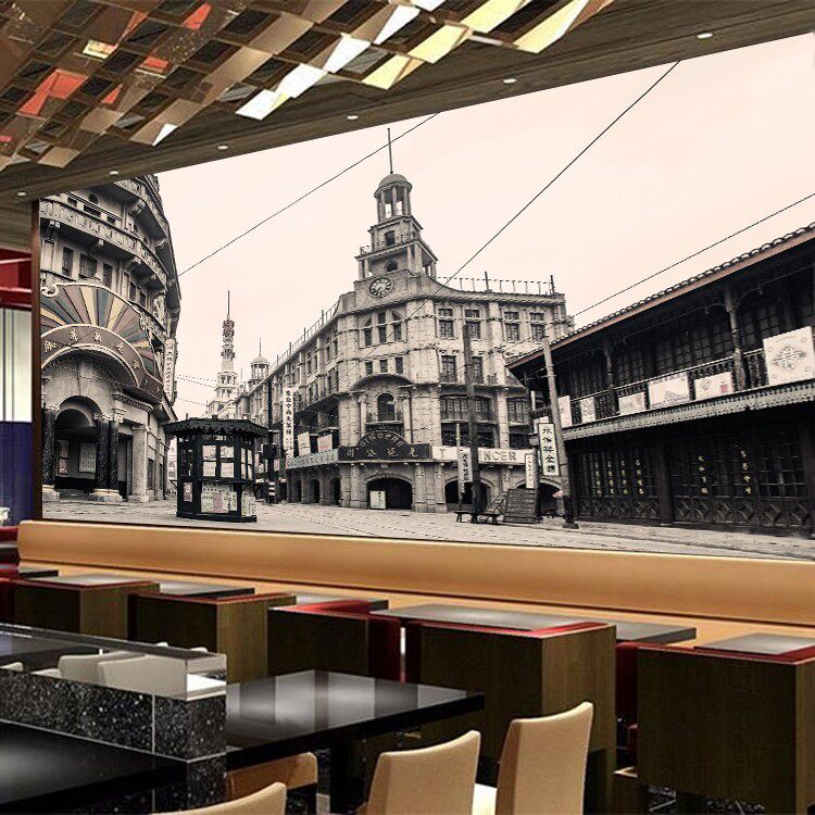 老上海建筑壁纸复古怀旧歌舞戏院黑白照墙纸酒吧餐厅饭店背景壁画