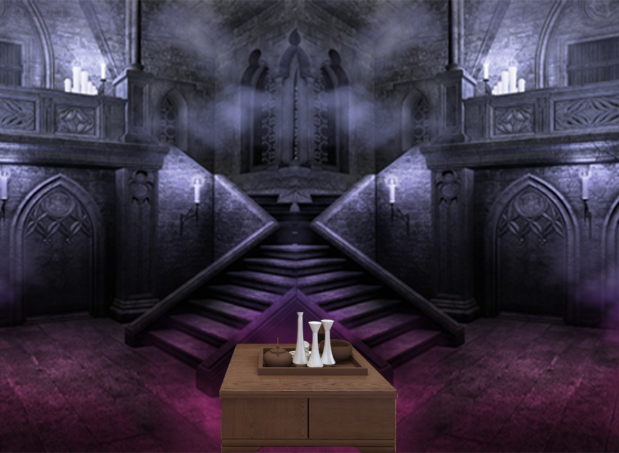 密室逃脱游戏主题壁纸 古堡阴森恐怖壁画 诡异紫色鬼火惊悚墙纸