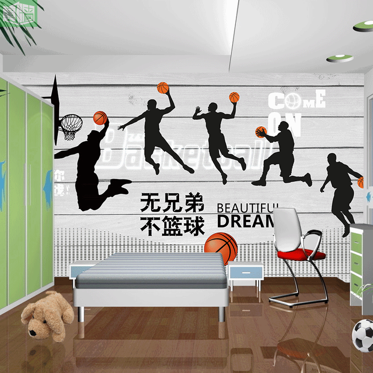 篮球壁纸健身俱乐部休闲区沙发背景墙纸篮球迷学生卧室定做墙布