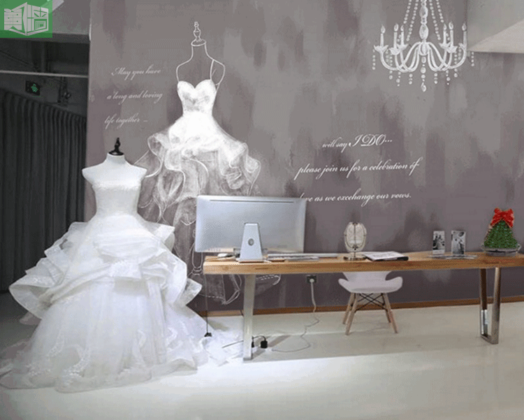 时尚婚纱服装店壁纸 浪漫婚现场背景墙纸 手绘时装婚房定制壁画