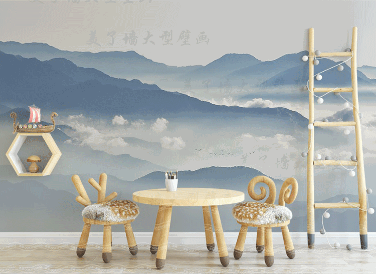 新中式壁纸意境山水风景墙纸远山飞鸟云雾水墨画壁画禅意瑜伽墙画