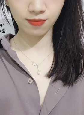 清璐轩原创设计正品纯银纯天然正圆无瑕白珍珠月亮项链可调节百搭