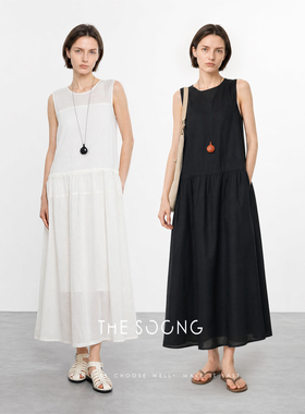 THESOONG/夏季亚麻棉天丝抽绳收腰显瘦黑白无袖连衣裙女HWQZ9370