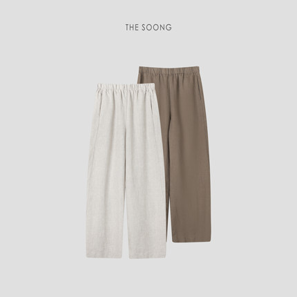 THESOONG/日杂系列 纯亚麻侧缝插袋颗粒感松紧腰直筒休闲裤女7321