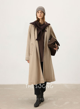 THESOONG/优雅姿态 复古100%纯棉利落松弛撞色领女士风衣外套7529
