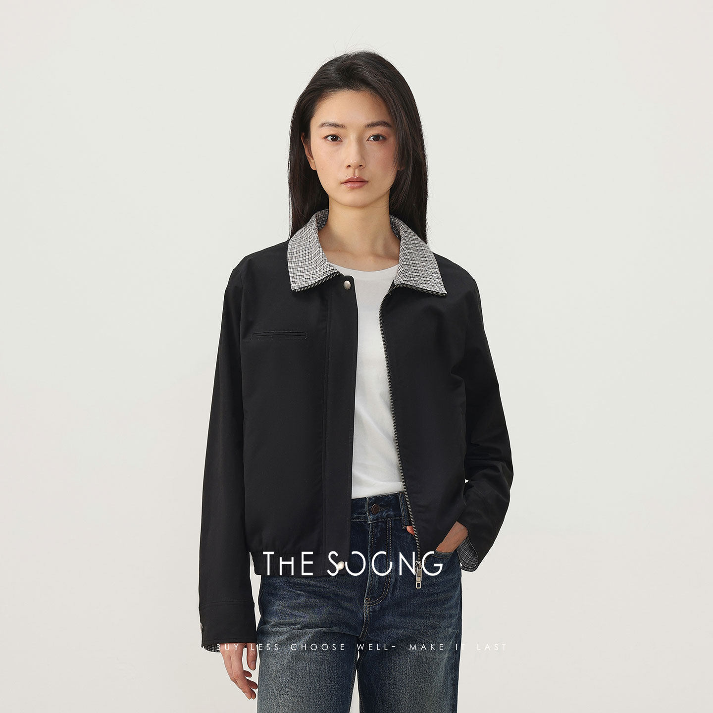 THESOONG/春季新款翻领撞色格纹廓形感短外套小个子夹克极简7928,女装/女士精品,短外套,淘宝优惠券,粉丝福利购,淘宝优惠卷