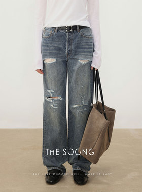 THESOONG/盐系口碑直筒牛仔裤女不规则拉须雅痞破洞做旧高腰7427