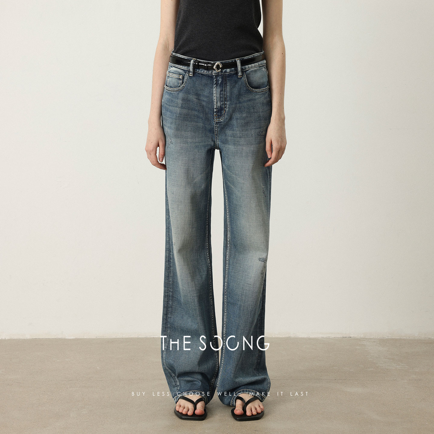 THESOONG中腰弹力直筒牛仔裤