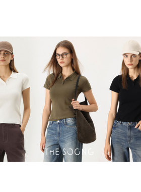THESOONG/100%纯棉双倍纱线交织女士短袖T恤百搭polo领亨利衫7375