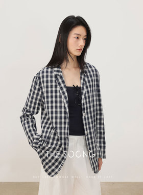 THESOONG/春季蓝白格子休闲西装外套女小个子高级感设计上衣8060