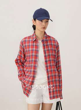 THESOONG/经典纯棉格子衬衫女长袖慵懒风出行外穿上衣翻领子7448