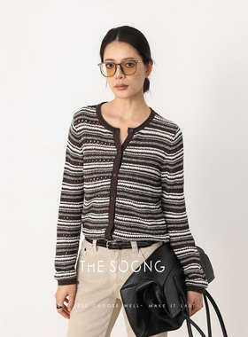 THESOONG\春季新品V领针织条纹衫休闲宽松开衫外套HWMY7645