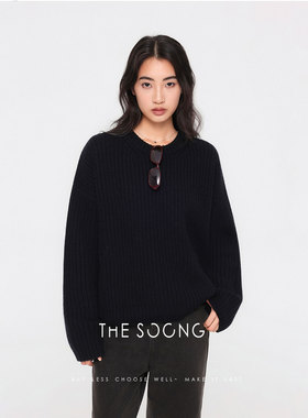 THESOONG/秋冬100%绵羊毛坑条纹加厚保暖女士宽松圆领毛衣7974