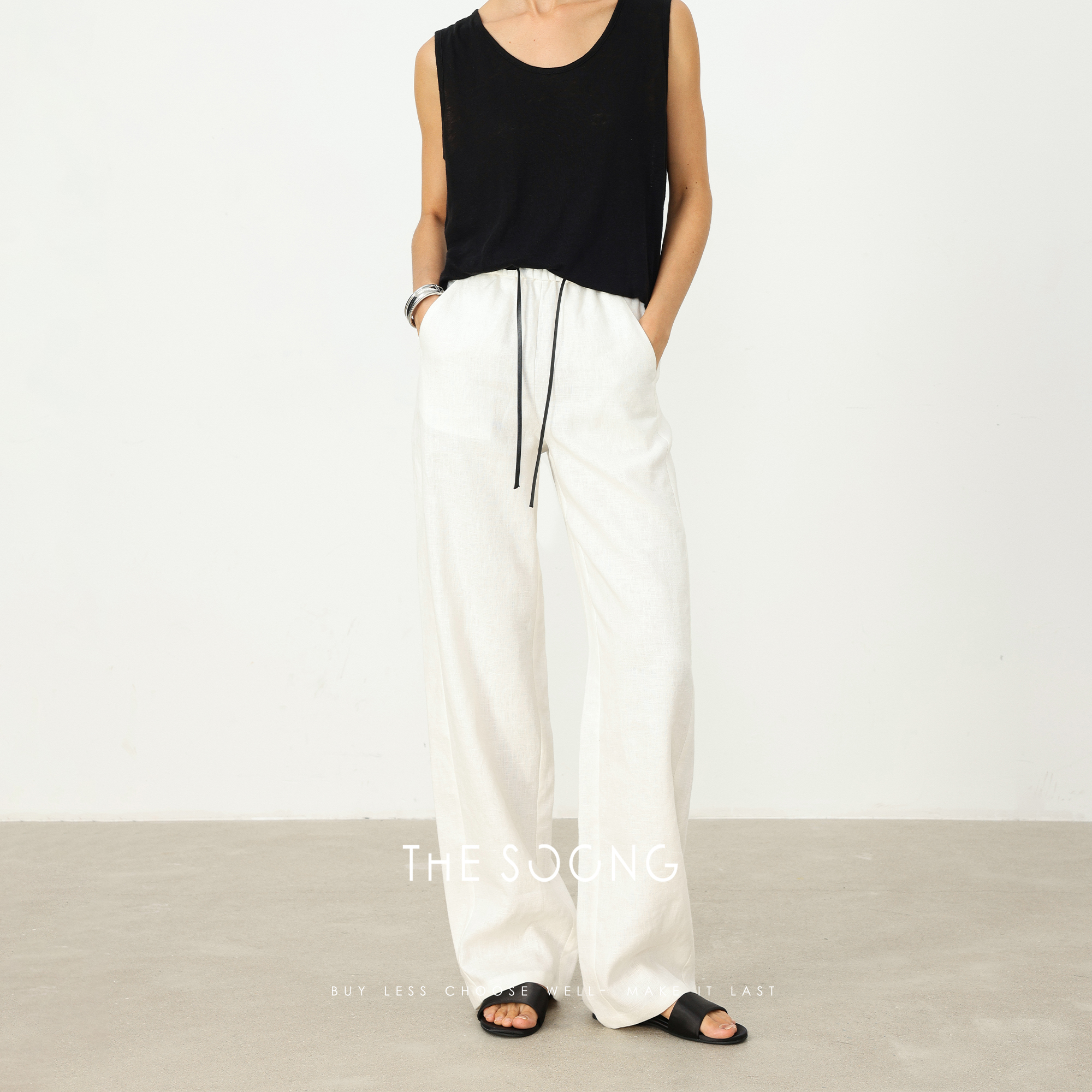 THESOONG/100%亚麻松紧腰休闲裤