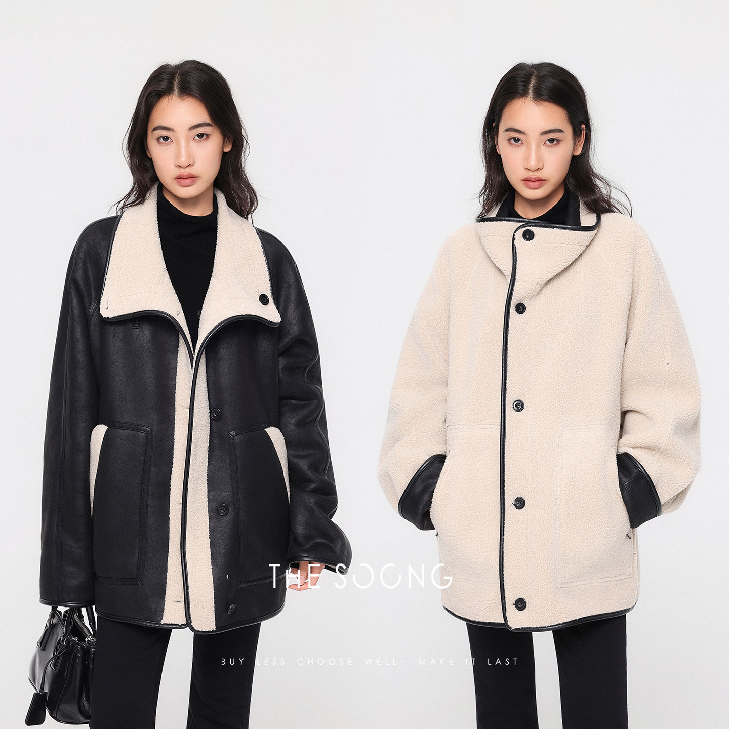 皮革肌理牛角扣廓形外套